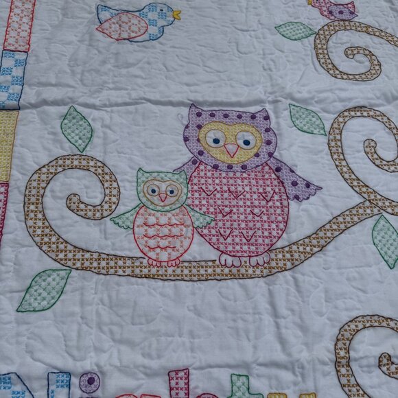 Handmade Cross Stitch Baby Crib Quilt “Owl & Friends “ by Jack Dempsey Completed - Picture 7 of 7